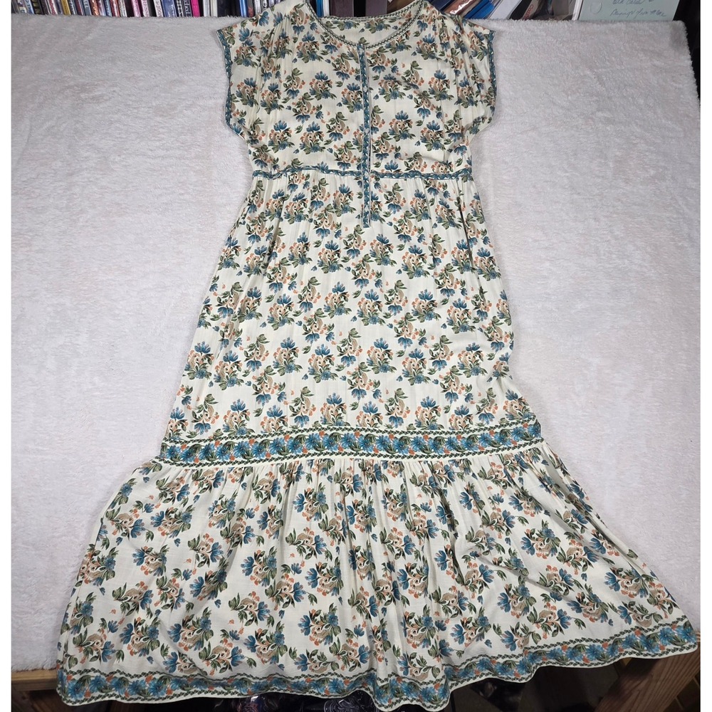 Max Studio London Maxi Dress Womens Large Ivory Floral Tiered Boho Excellent